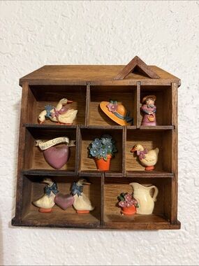 Vintage handmade miniature trinket shelf with cottagecore duck decor